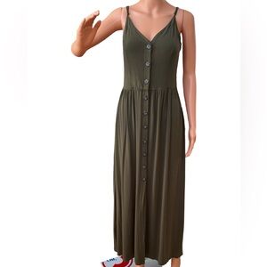 VENUS Olive Green Spaghetti-Strap Button Front Midi Dress